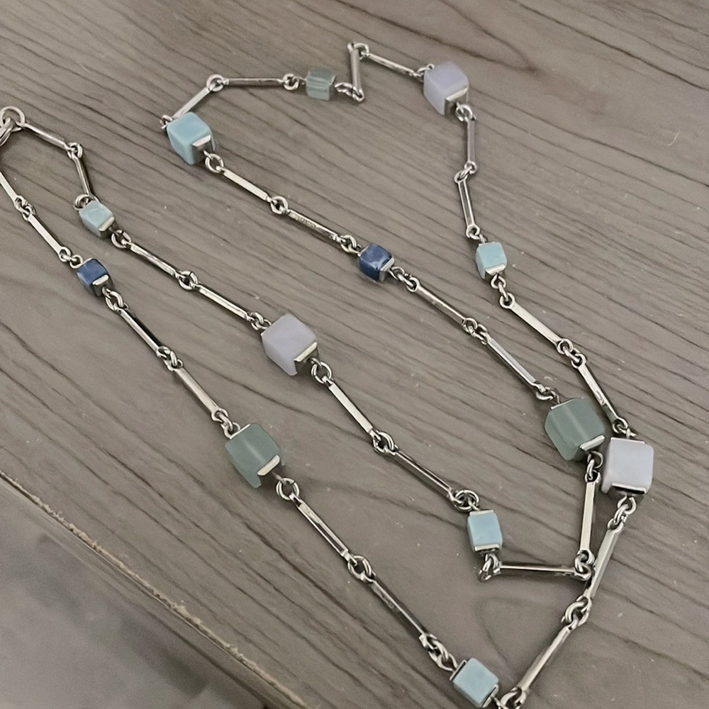 Station Necklace Silver Tone w/Square Stones 32”